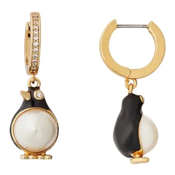 $78 KATE SPADE • Arctic Friends Pearl Penguin Crystal Huggies Hoop Earri… - Picture 3 of 4
